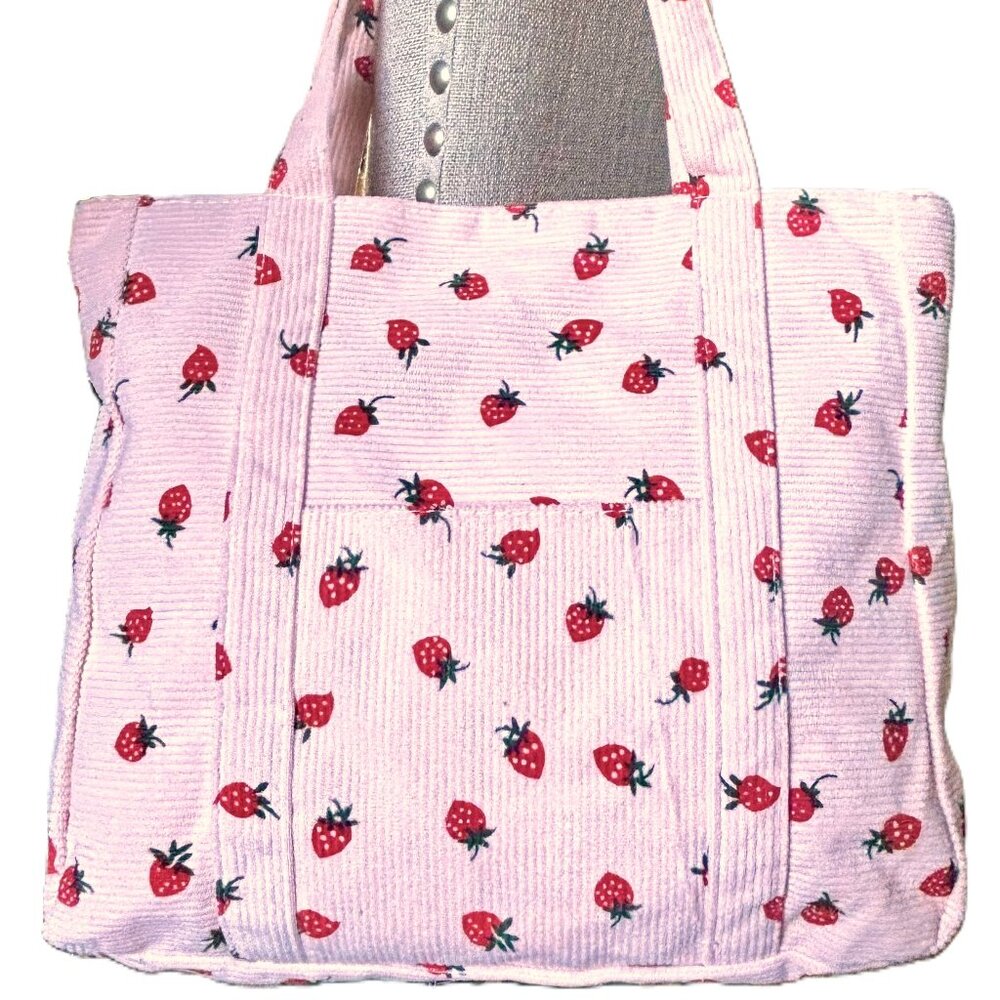 Spacious Pink Corduroy Zipper Tote Bag Strawberries Strawberry Pattern Handbag